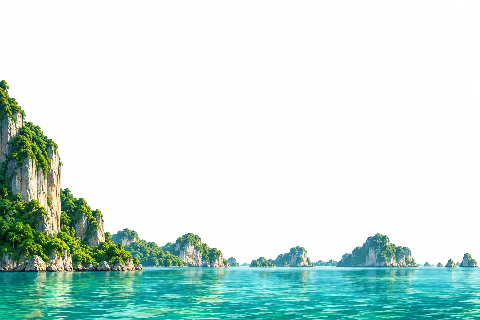 An original illustration of a green coastline and turquoise water