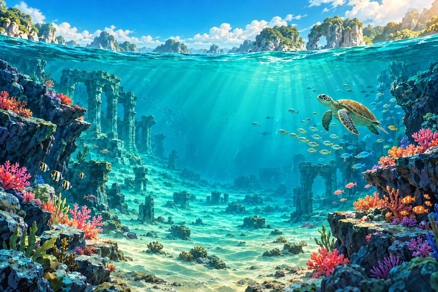 Original turquoise underwater world with a sunlit surface, ancient ruins and coral reefs
